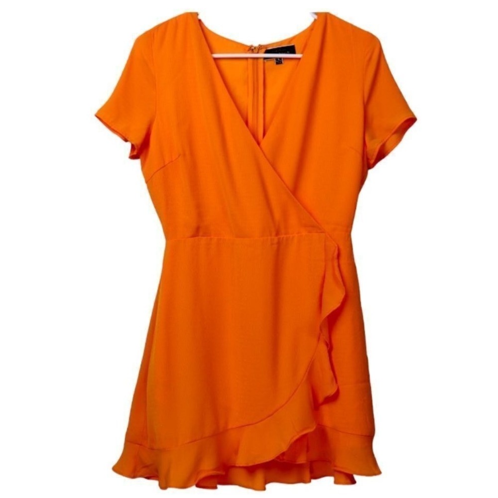 Blue Blush Orange Ruffle Wrap Front Mini Dress Short Sleeve V-Neck